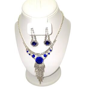 Rhinestone Necklace/Earring Set Blue Clear Rhinestones Bib Style Silver Tone
